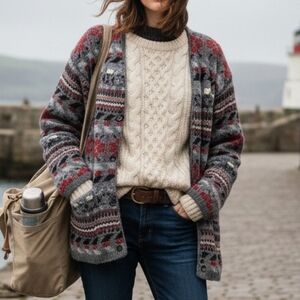 Jacob Women's Gray and Red Patterned Wool Cardigan Size L